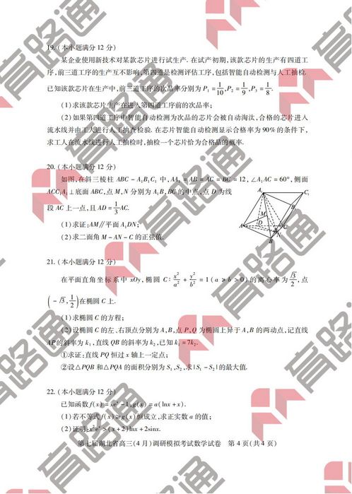 湖北省2022高三四月调考数学试卷和答案,2021湖北省高三四月调考数学答案